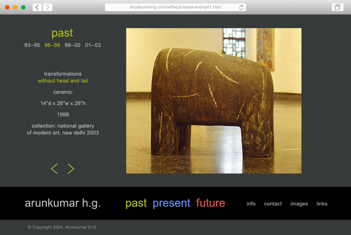 Browser screen shot of a page from the Past section — featuring the sculpture 'Without Head and Tail'