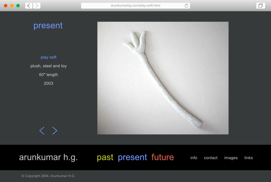 A web page design from the Present section of the artist’s site, featuring the artwork 'Play Soft'