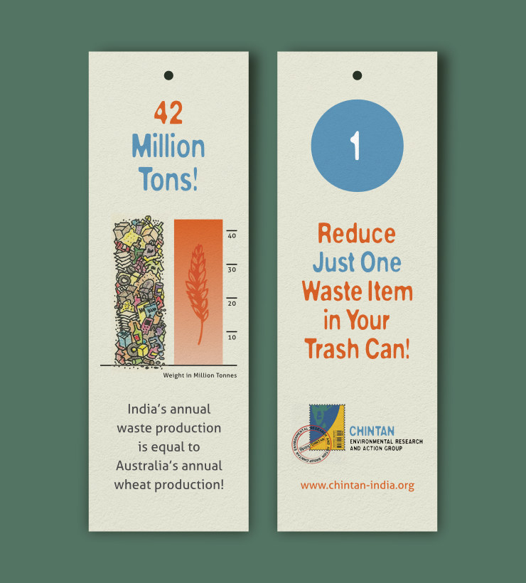 Bookmark with message: India’s annual waste production = Australia’s annual wheat production. Reduce just 1 waste item in your trash can.