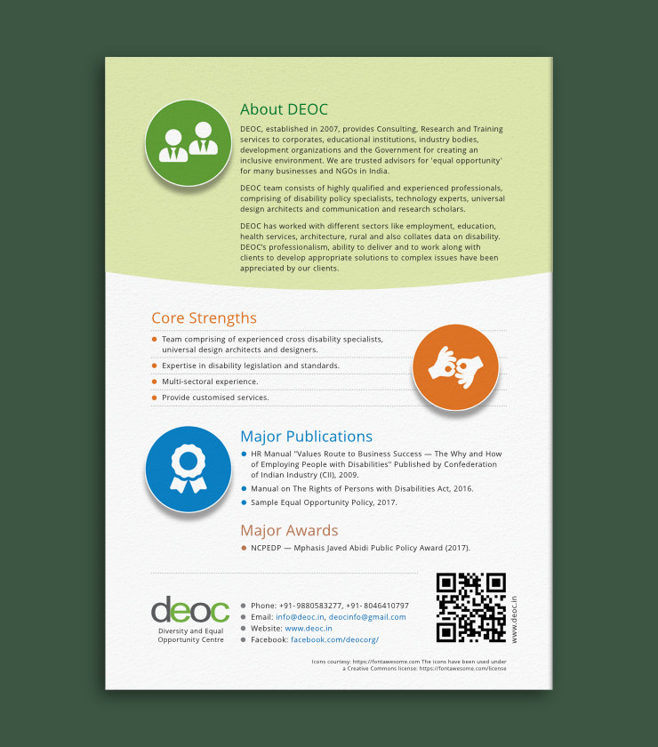 Page layout with information about DEOC, its achievements and contact details with QR code