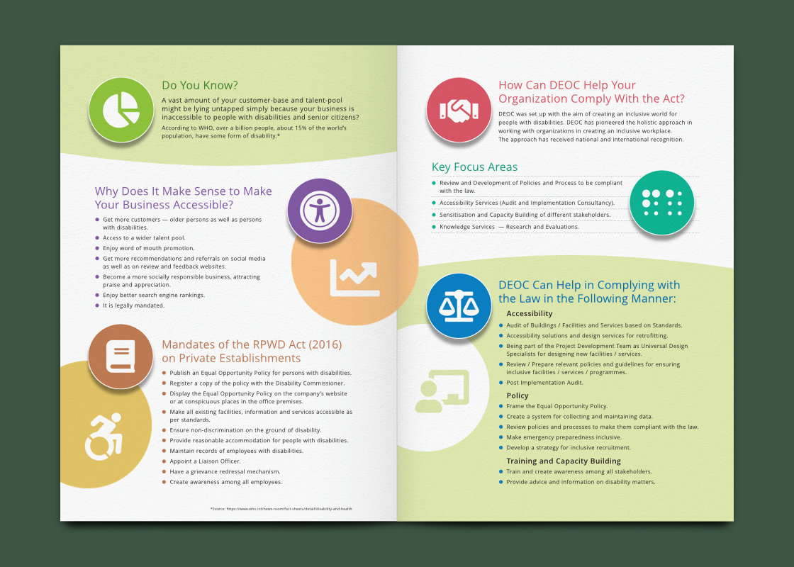 Brochure left and right, inside pages about accessibility regulations in India and how DEOC can help