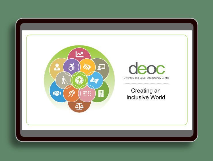 PPT slide with a large graphic on the left and DEOC logo on the right, displayed on a tablet screen