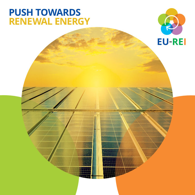 Photo of a solar panel in the logo‘s yellow circle, with the header ‘Push Towards Renewal Energy’