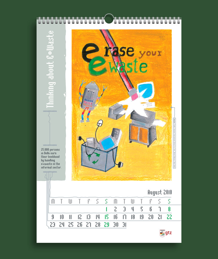 E-waste calendar August page design featuring a large painting, calendar title, trivia and dates