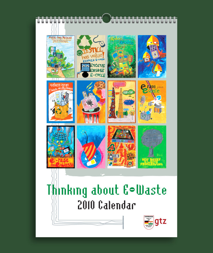 E-waste calendar cover page design featuring images of posters, calendar title and GTZ-ASEM logo