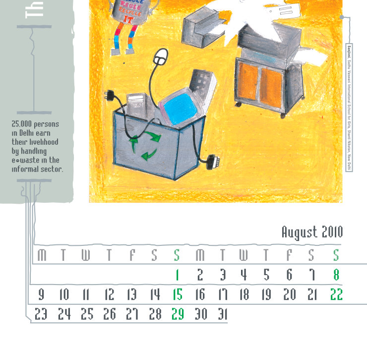 Calendar detail showing dates and text set between simplified graphics of wires and connectors