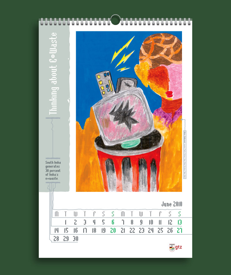 E-waste calendar June page design featuring a large painting, calendar title, trivia and dates