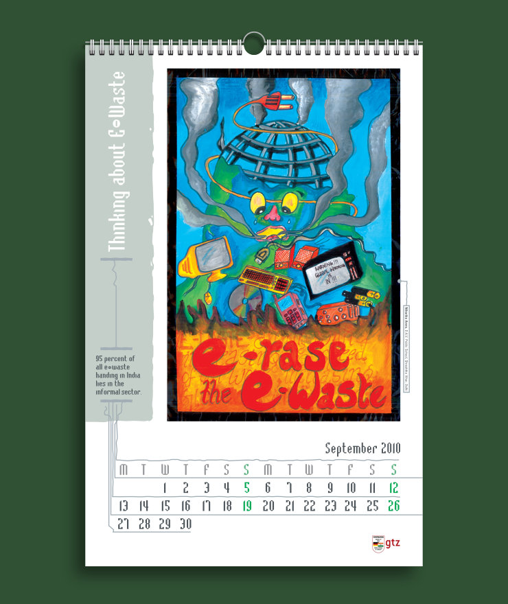 E-waste calendar September page design featuring a large painting, calendar title, trivia and dates