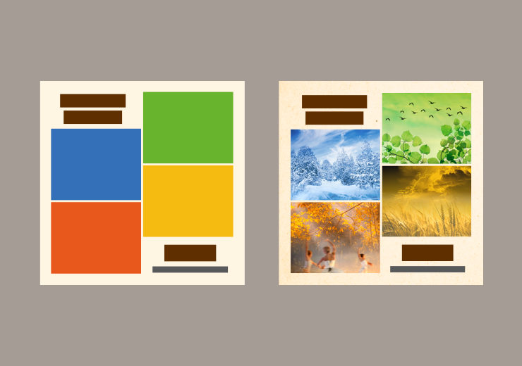 Layout with colour blocks and another with the four seasons images in place of the colour blocks