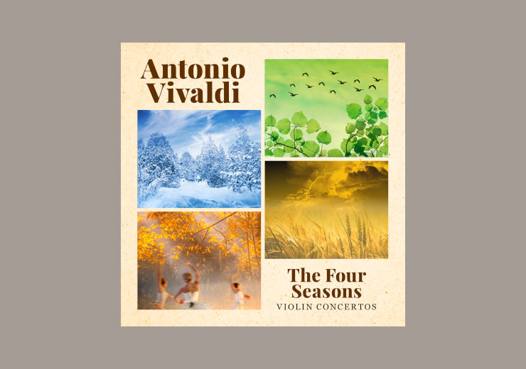Layout with images of the four seasons and the text, placed over a textured beige colour background
