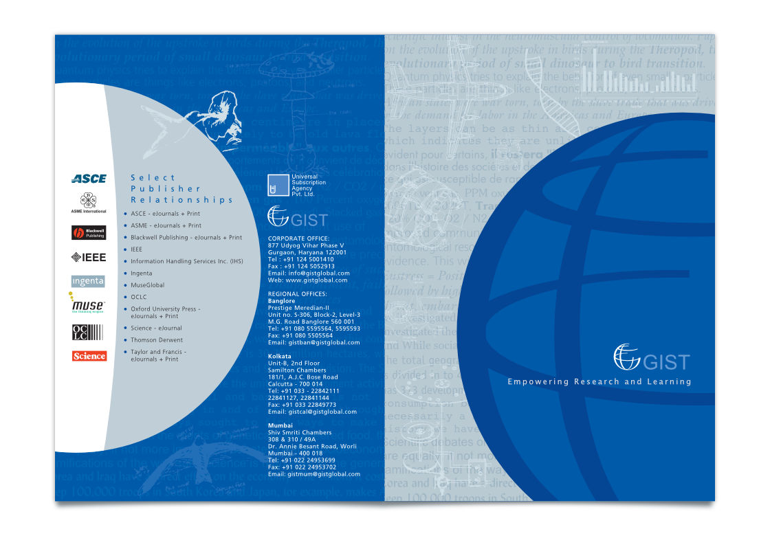 Back and cover page layouts of the corporate brochure featuring a complimentary colour scheme