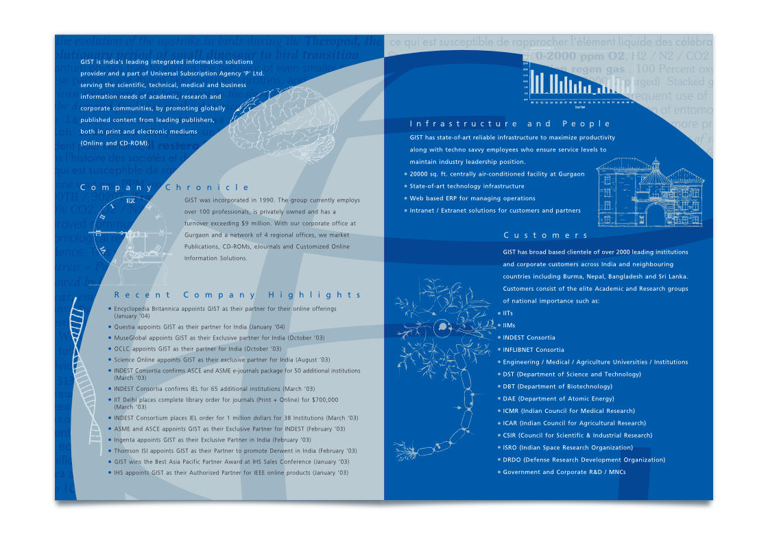 Corporate brochure inside pages showing use of complimentary colours and scientific illustrations