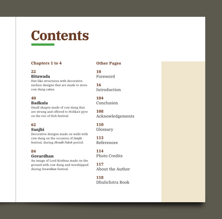 Large header on top with a green band underneath. Below it, chapters and pages listed in 2+2=4 columns and a beige colour block on the right (5th column).
