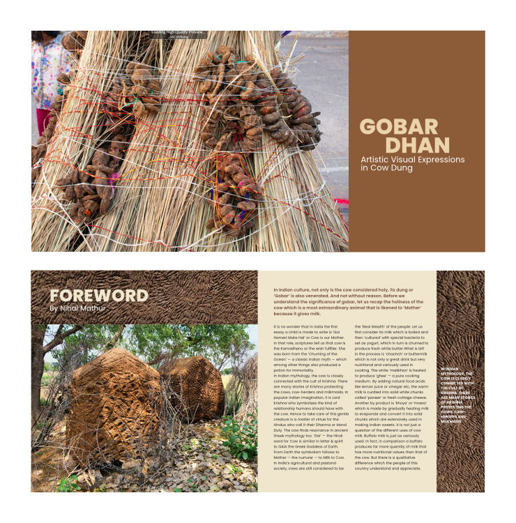 Page layouts with earthy and brown colours, cow dung textures and geometric sans serif fonts