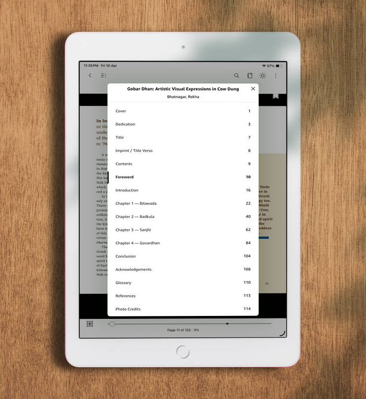 Large menu with a list of chapters, on an iPad screen
