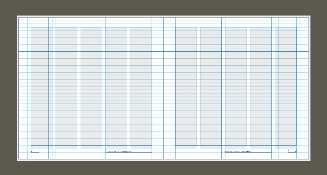 Two blank facing pages overlapped by many grid and guide lines