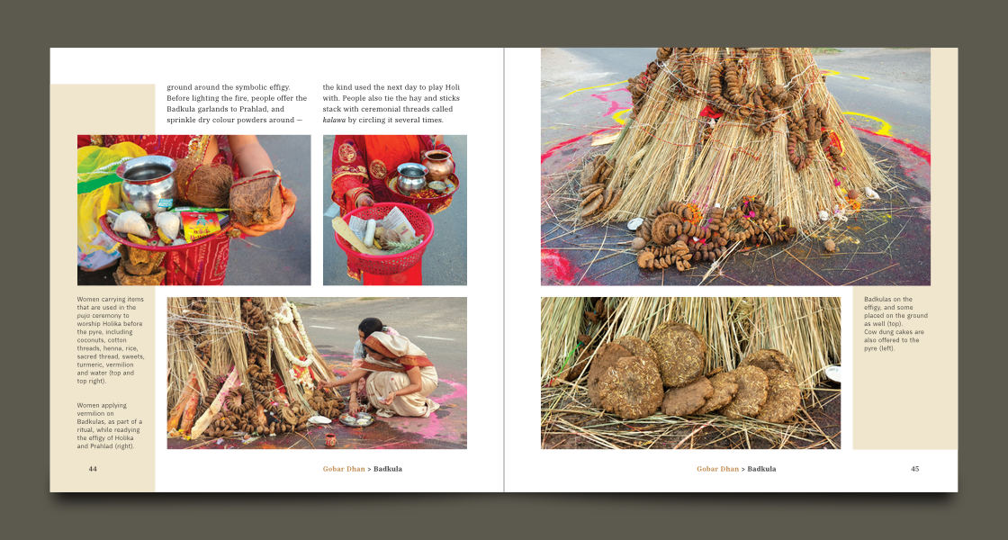 Five images, with captions, on two adjacent pages and some paragraph text explaining the rituals being performed