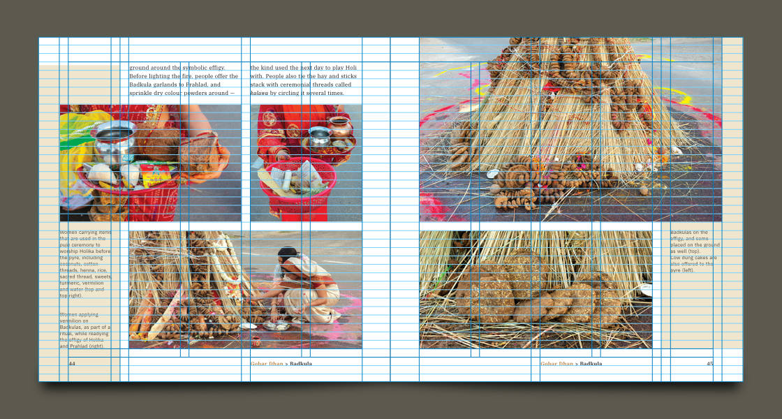 Column guides and grids overlapping images and text on two adjoining pages