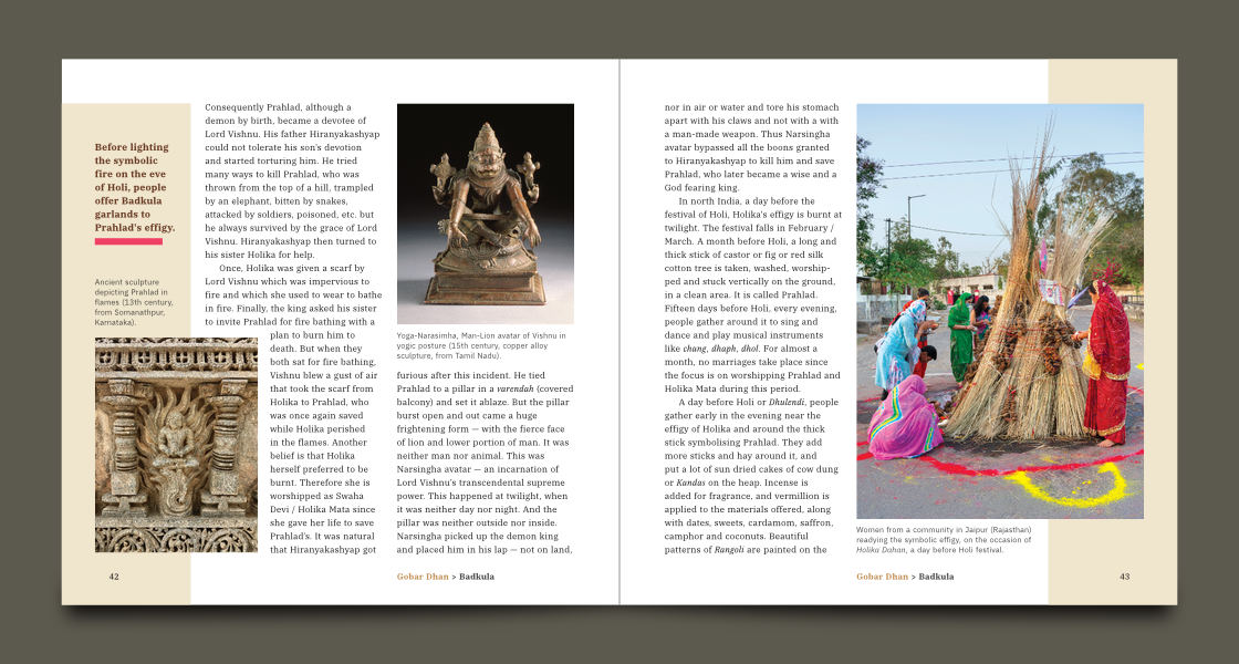 Two adjacent pages with paragraph text, three photographs with captions and a pull quote