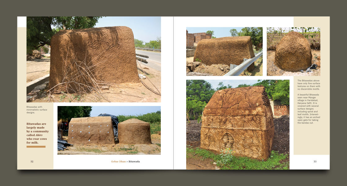Two adjacent pages featuring five photos of hut-like structures made using cow dung, photo captions and a pull quote
