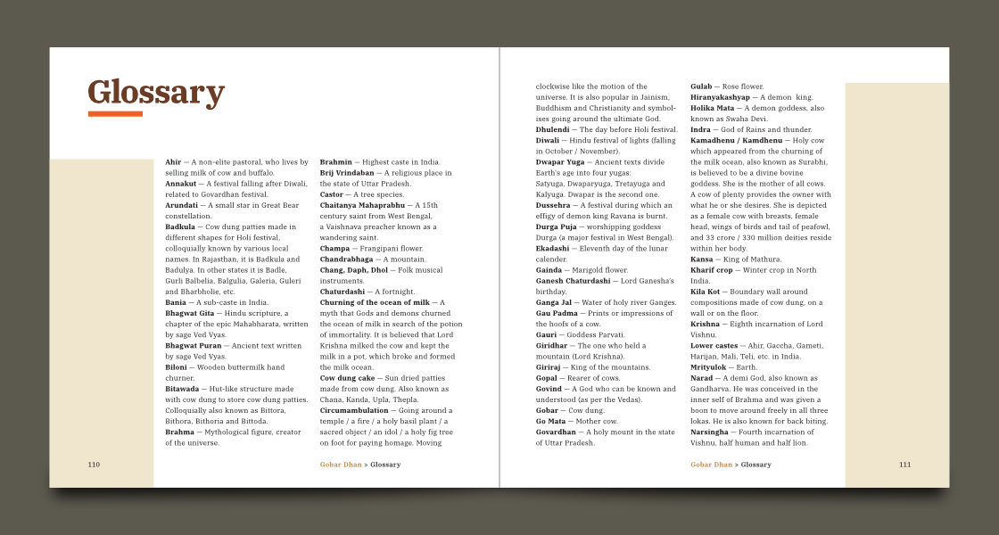 Two adjacent pages with a large header on top left, two columns of text each and beige colour blocks on either side