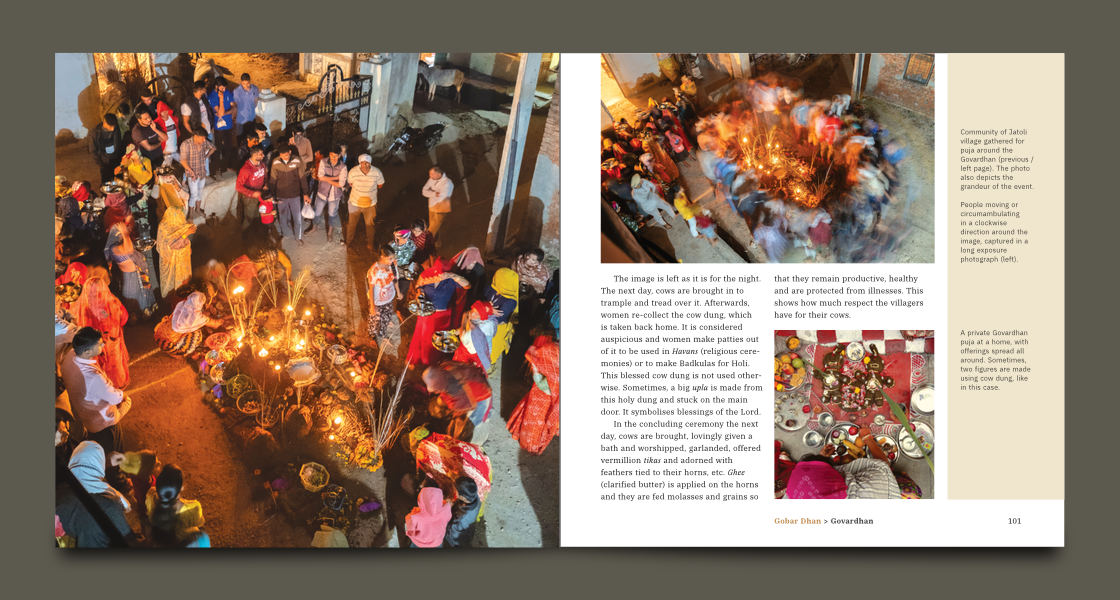 Two adjacent book pages with a large photo on the left one; text, photo with photo captions on the right page