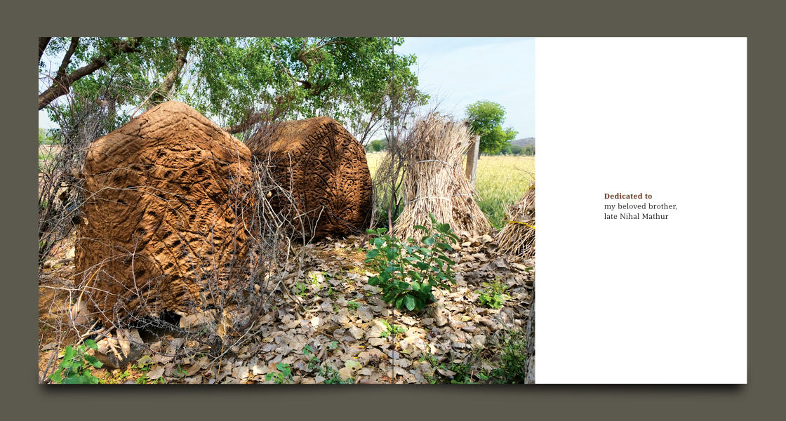 A large photo of hut-like Bitawadas in farmland and a dedication message over white background on the right page
