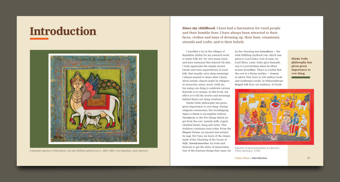 Left page with header and a painting of a cow, right page with intro para, text in two columns, a painting and a beige colour block