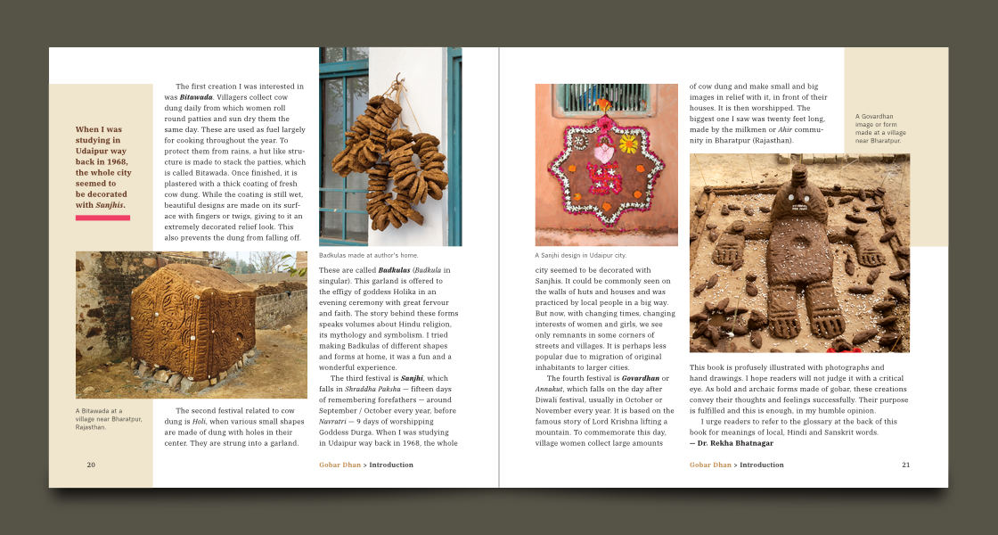 Layout with four photographs representing each art form, photo captions, text in columns and a pull quote