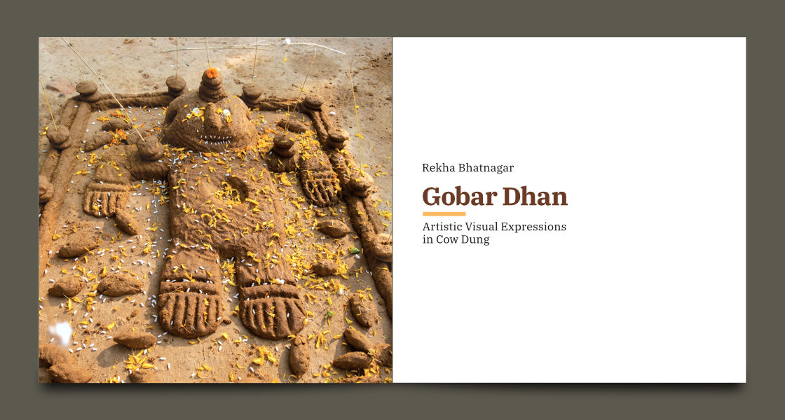 Full page photo of Govardhan (archaic human figure made using cow dung) on the left and book title on the right page