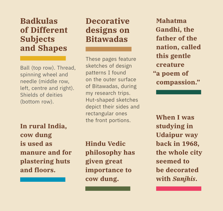 Six sets of text — first two a combination of headers and text (brown and grey), the rest in brown. Each followed by a squarish underline in a different colour.