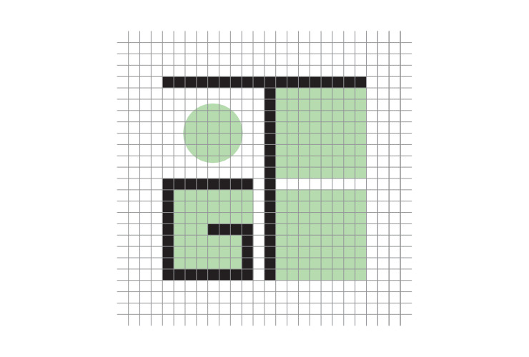 A grid (equidistant horizontal and vertical lines) overlayed on IGT logo lettermark