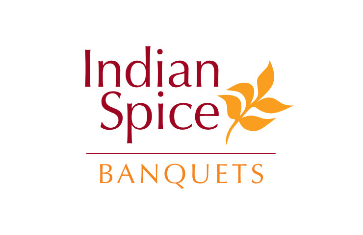 Banquets in orange, all caps, below the Indian Spice logo, matching with the colour of the leaf