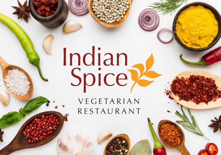 Indian Spice logo surrounded by spices, condiments and vegetables