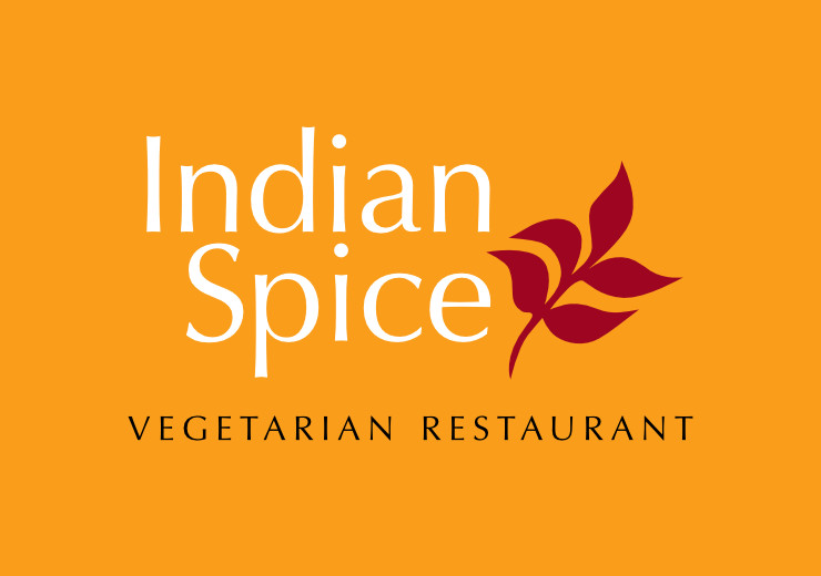 White letters with a maroon leaf on the right, and the tagline below in white, on orange background