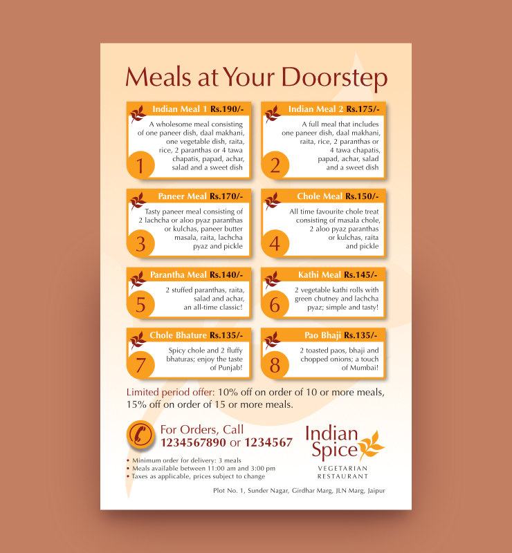 Layout of restaurant flyer incorporating a headline, meal options, logo and contact information