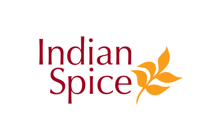 Maroon colour lettering with an orange leaf graphic to its right, over a white background