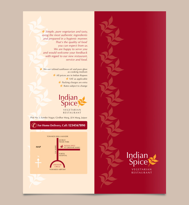 Maroon cover page with leaves and restaurant logo, back page with text, logo, contact info and map