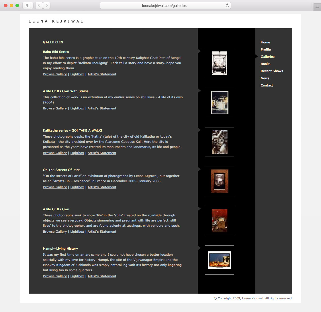 Web page design containing details of several photo series by the artist