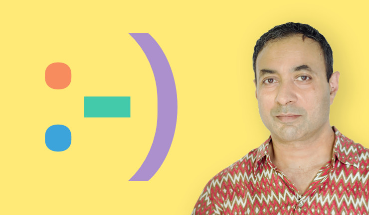 Mayank Bhatnagar, India based graphic and UX designer, alongside a large and colourful smiley
