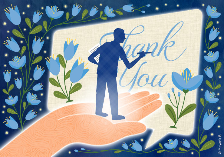 Illustration of Mayank standing on a large hand, writing Thank You on a speech blurb, with many flowers and some stars around