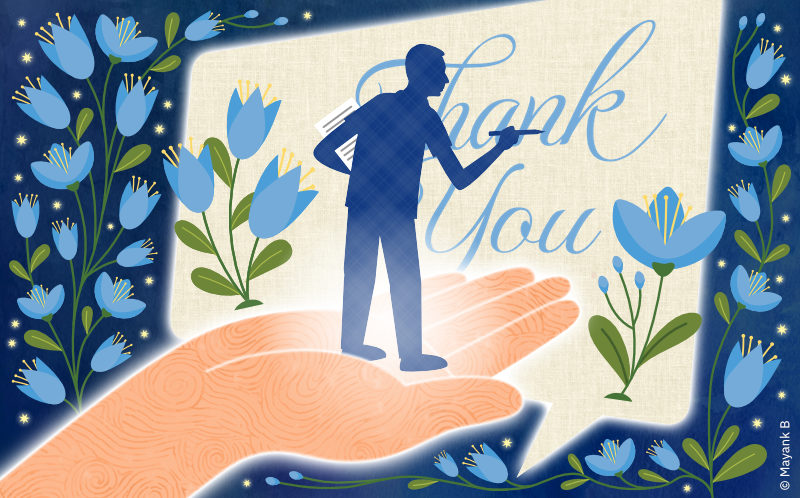 Illustration of Mayank standing on a large hand, writing Thank You on a speech blurb, with many flowers and some stars around