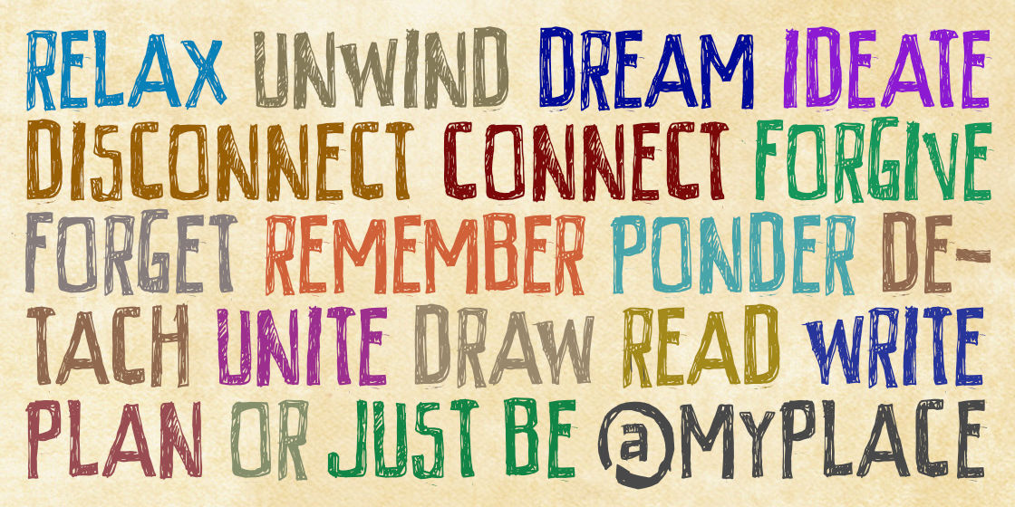 Collage of several words like Relax, Unwind, Dream, Ideate, Connect, set in the logo font