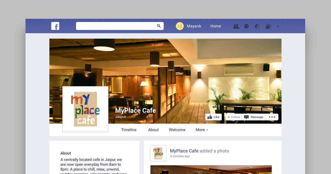 My Place Cafe logo on a FaceBook page layout