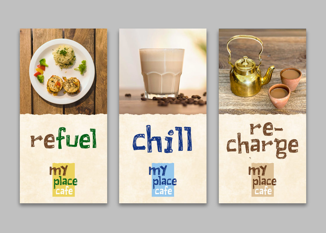 Photos with text set in Peixe Frito font in logo colours: Plate with greens (refuel), cool drink (chill), tea (re-charge)