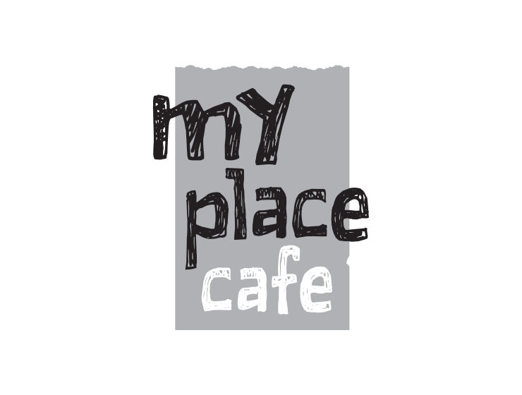 My and Place in black, Cafe in white, overlapping a grey colour rectangle with a torn appearance