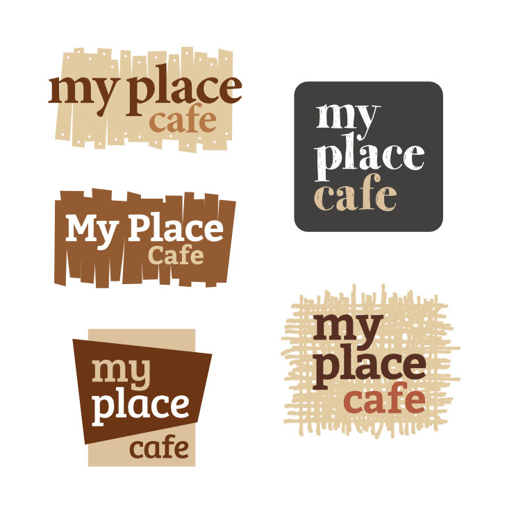 Cafe logo designs based on blackboard, signage, wooden planks and criss-crossing ropes