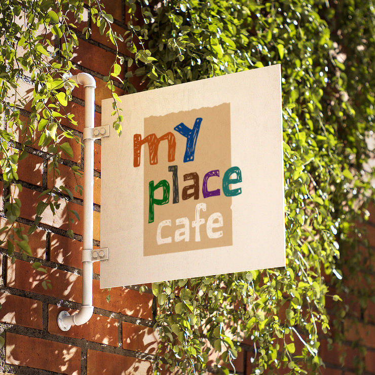 My Place Cafe logo design on an outdoor signage