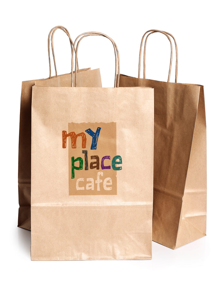 My Place Cafe original logo colour combination printed on a brown paper bag