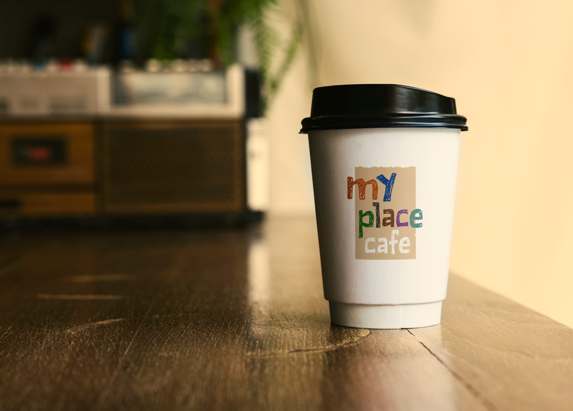 My Place Cafe logo on a takeaway coffee cup